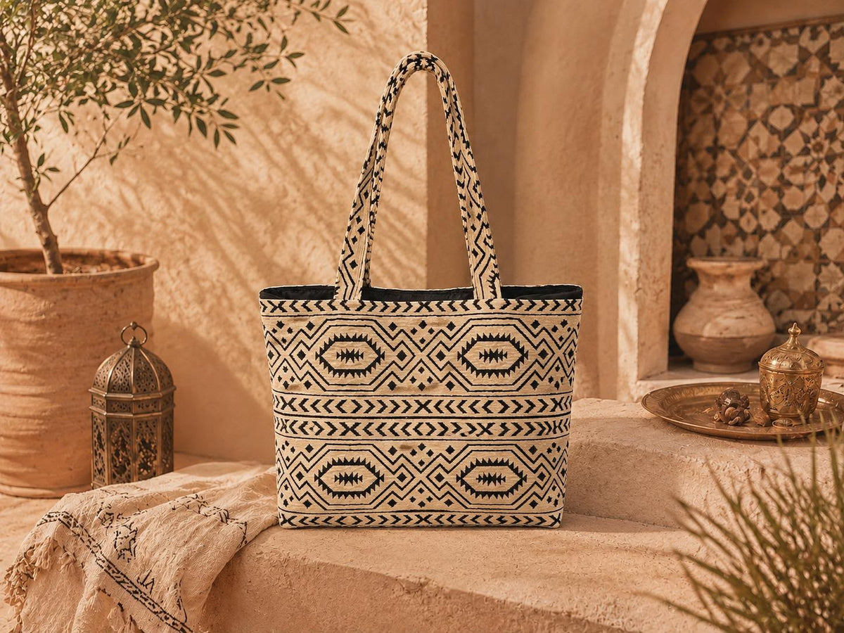 Handgewebte Shopper-Tasche „Aziza“ | Schwarz & Natur
